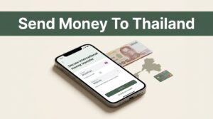 A smartphone showing a secure transfer app next to a Thai baht note.