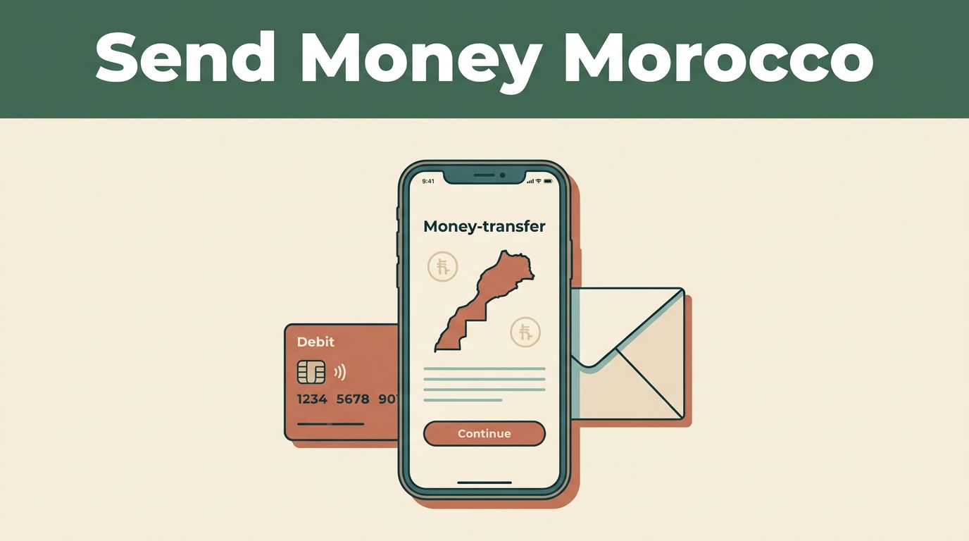 A smartphone displaying a secure money transfer app next to a debit card.