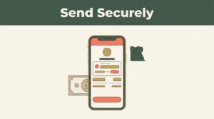 A smartphone displaying a transfer screen next to an Egyptian pound note and map silhouette.