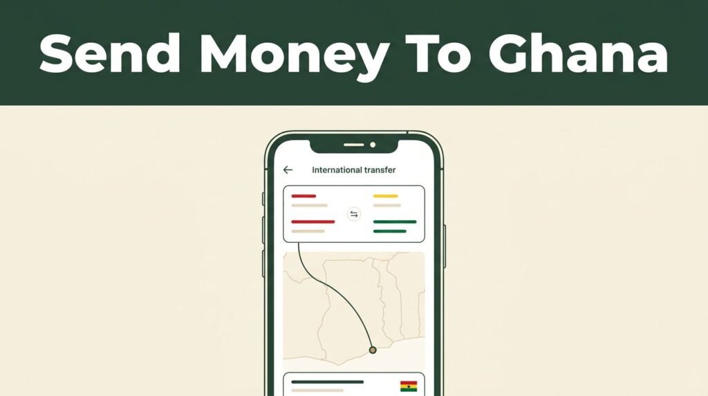 A smartphone showing a money transfer app against a dark green and cream background.