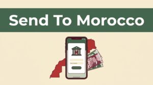 A smartphone showing a secure transfer app next to a Morocco map and currency notes.