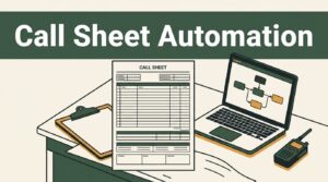 Printed call sheet beside a laptop, clipboard, and walkie-talkie on a production desk.