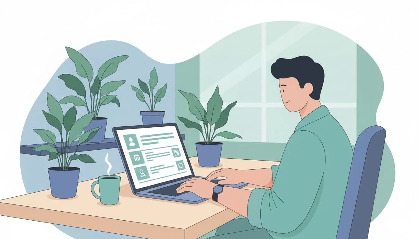 Modern illustration of a creator at a desk adjusting subscription options on a laptop screen in a clean office with plants and coffee mug, focusing on hands near the keyboard.