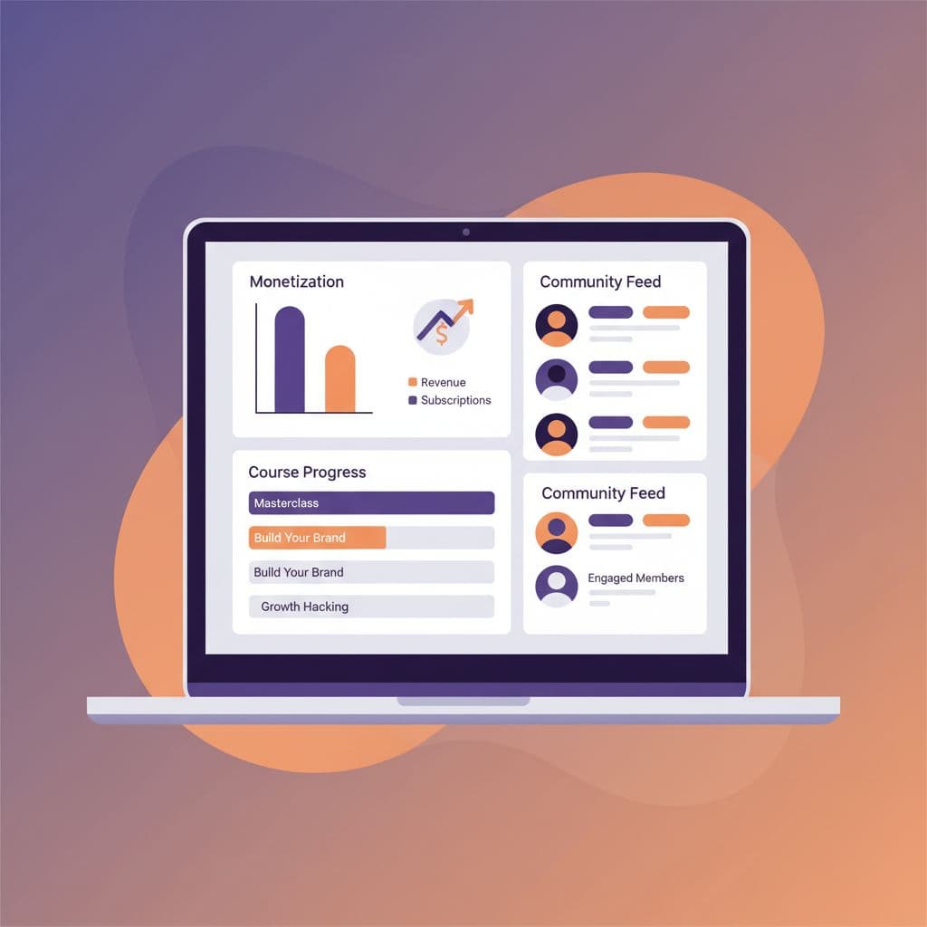 Modern illustration of a creator dashboard with monetization graphs, course progress bars, and engaged community feed in purple and orange palette.