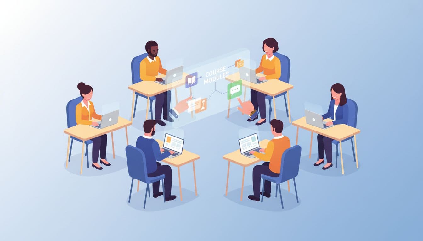 Modern illustration of six diverse professionals in a virtual classroom, using laptops to collaborate around a shared screen with course modules, clean shapes, warm lighting, and soft blue gradient background.