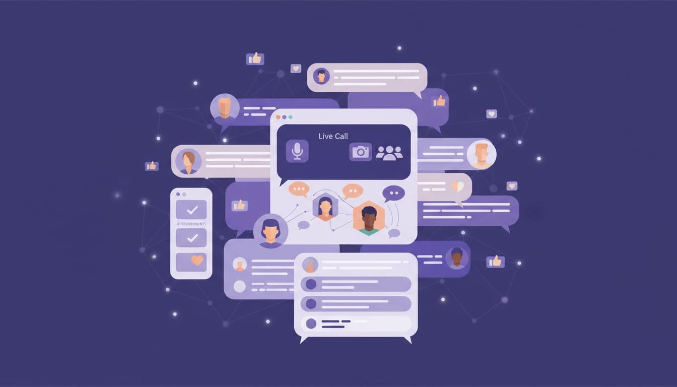 Modern illustration of an engaged online community chat featuring diverse avatars, comments, assignments, live call icons, thumbs up reactions, and active discussion with clean shapes, soft purple tones, and subtle network lines background.