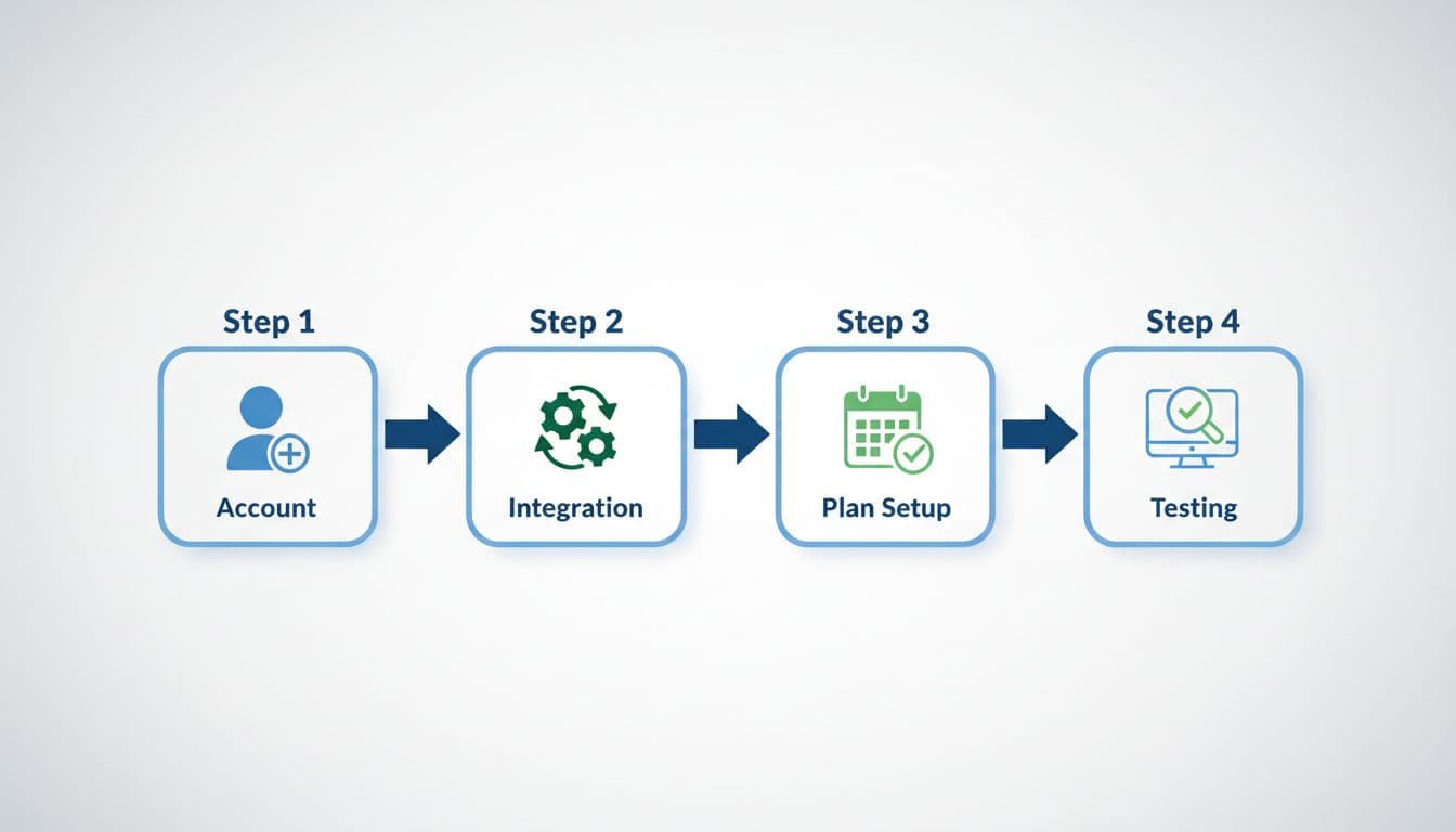 Modern illustration of a step-by-step flowchart for setting up recurring payments, with icons for account creation, integration, plan setup, and testing arranged in sequence on a whiteboard-like surface using clean lines and a blues and greens palette.