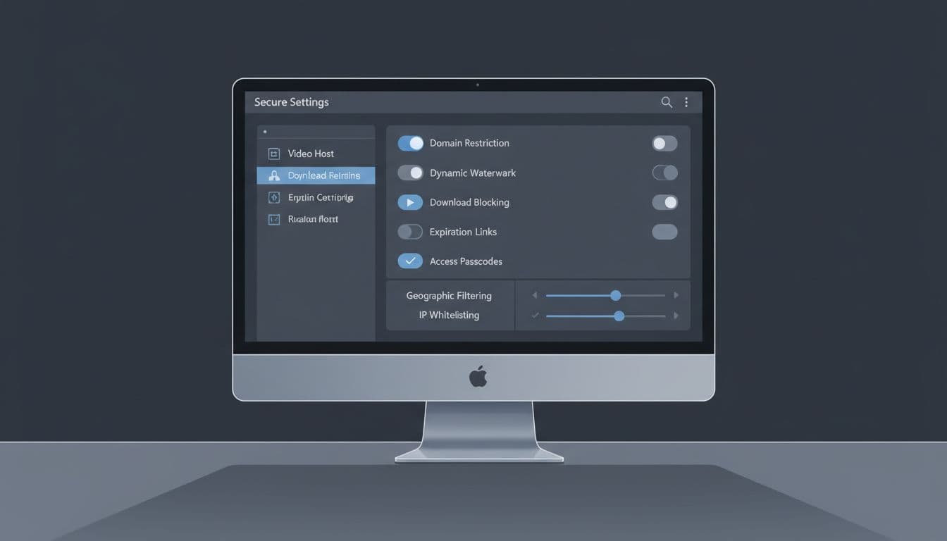 Modern illustration of a clean, secure settings panel for a video host platform, featuring toggles for domain restriction, watermark, download blocking, and link expiration, displayed on a computer screen in a dim workspace with a gray-blue palette.