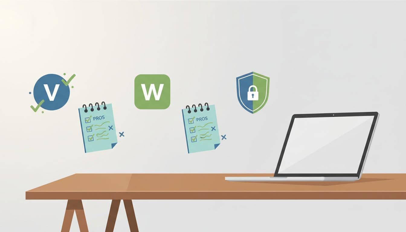 Modern illustration depicting icons of Vimeo, Wistia, and a generic secure video host on a creator's workspace desk with nearby pros and cons notes on a notepad and laptop.