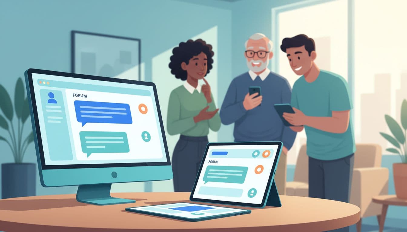 Illustration of three diverse community members engaged in a Skool discussion on desktop and mobile devices in a bright collaborative room, featuring subtle chat bubbles and points icons.