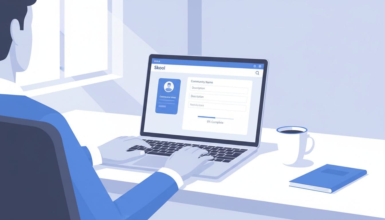 Illustration of a single creator at a modern desk with laptop displaying Skool community dashboard during initial setup, clean office with notebook and coffee mug, centered on screen and keyboard in blue-white palette.