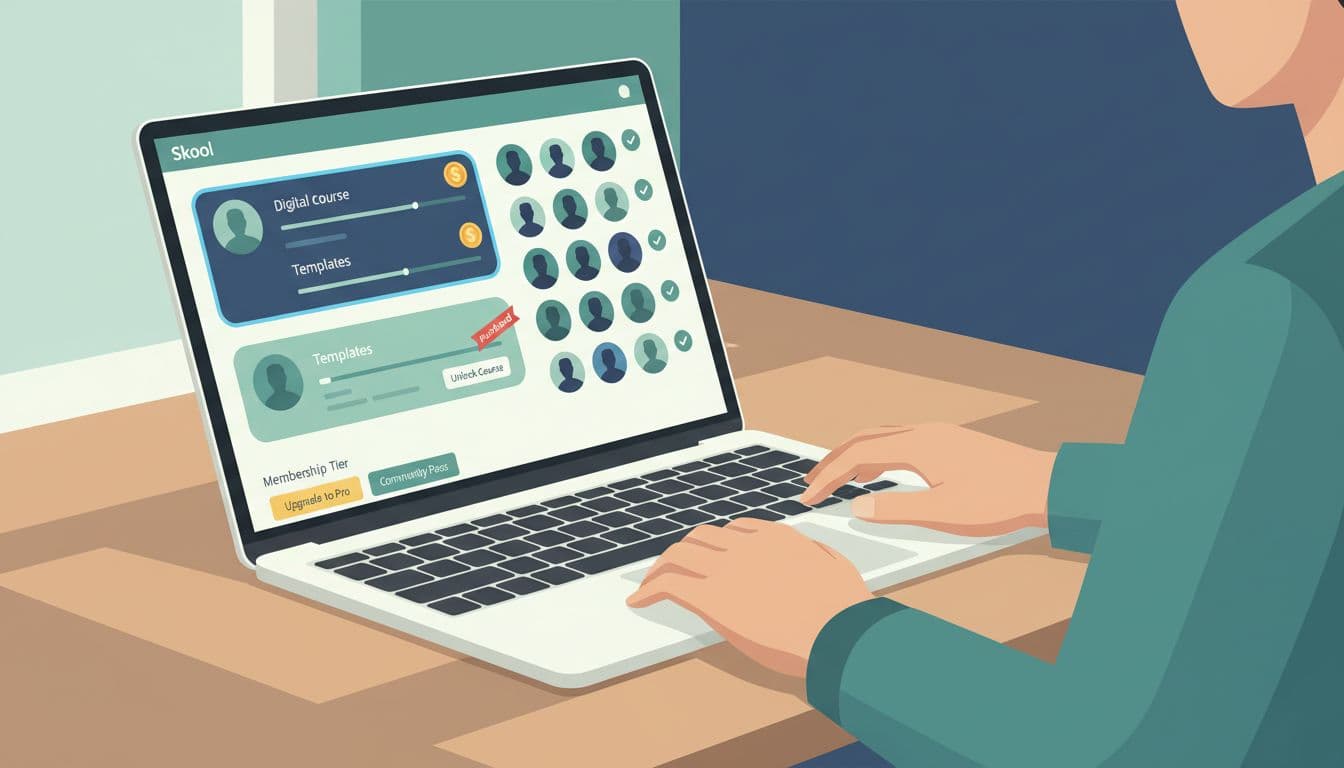 Modern illustration of a laptop screen showing Skool dashboard with community members buying digital courses and templates, viewed by one person at a desk with relaxed hands on keyboard, in blues and greens with soft lighting.