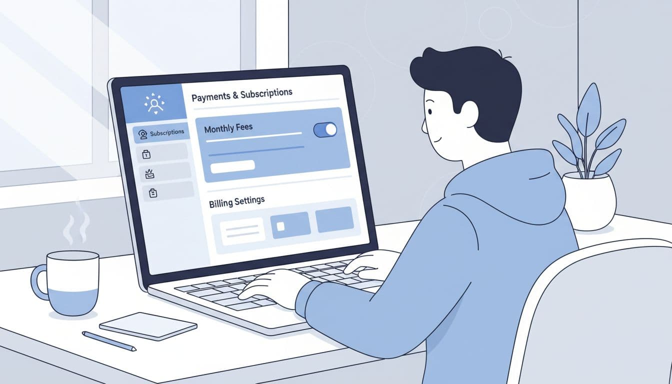 Modern illustration of Skool community dashboard displaying payments and subscription settings on a laptop in a clean desk setup with soft natural lighting and blue-white palette.