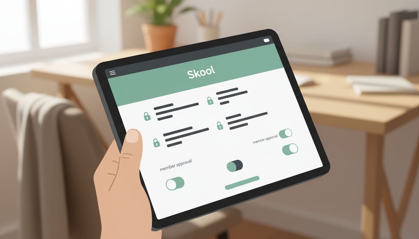 Modern illustration of Skool privacy settings screen displayed on a tablet held by one hand in a cozy home office, featuring subtle lock icons and member approval toggles with a clean green and gray palette.