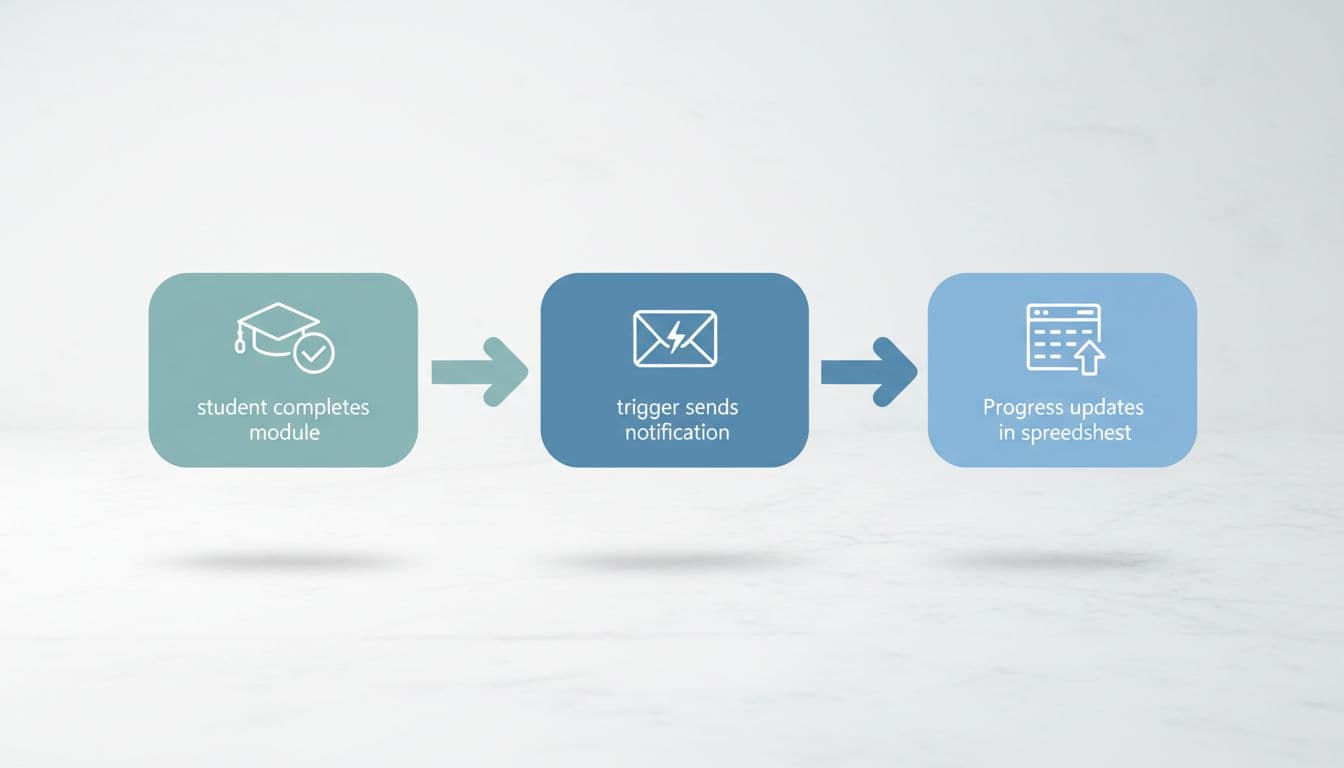 Modern illustration in clean shapes using a blues-greens palette depicts a flowchart of automation steps: student completes module, trigger sends notification, and progress updates in spreadsheet. Simple icons connected by arrows on a light background from a workspace desk view with strong composition and soft lighting.