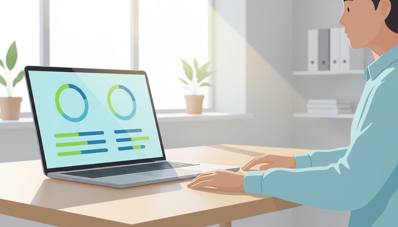 Modern illustration of a clean dashboard screen showing student progress charts and completion bars for an online course platform, viewed on a laptop in a bright office setting.