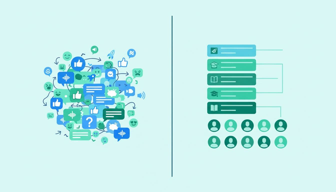 Modern side-by-side illustration of chaotic Discord chat with voice channels and emojis contrasted against organized Skool classroom featuring course modules and member profiles. Clean shapes in controlled blue and green colors with strong composition and landscape aspect ratio.
