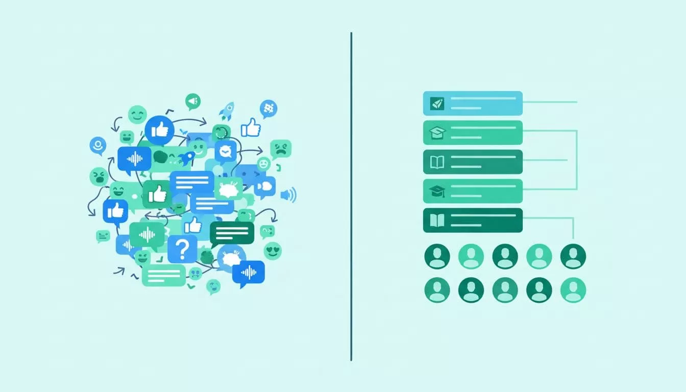 Modern side-by-side illustration of chaotic Discord chat with voice channels and emojis contrasted against organized Skool classroom featuring course modules and member profiles. Clean shapes in controlled blue and green colors with strong composition and landscape aspect ratio.