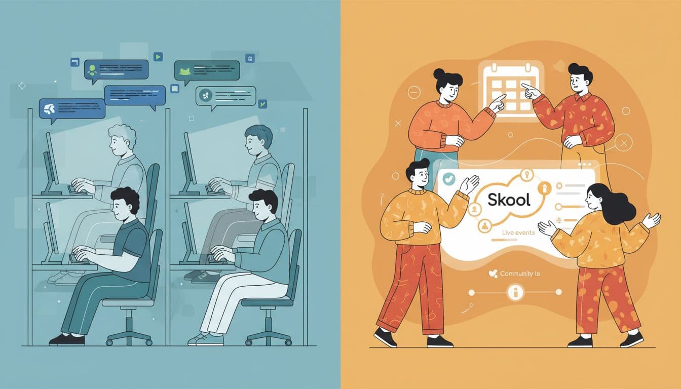 Modern side-by-side illustration contrasting a strict office team in Slack channels on computers with a lively Skool community featuring courses, events, and calendars; clean shapes, blue-green palette, exactly 4 people per side.