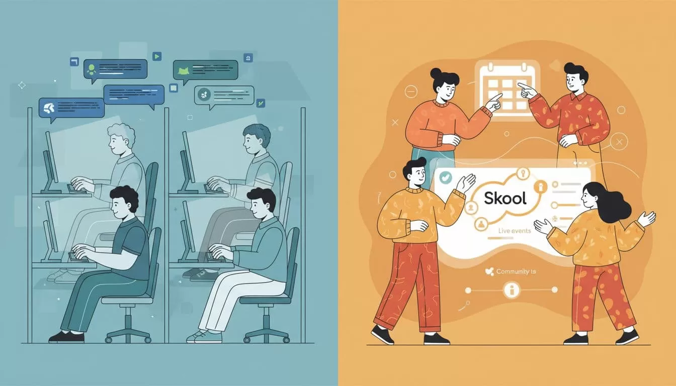 Modern side-by-side illustration contrasting a strict office team in Slack channels on computers with a lively Skool community featuring courses, events, and calendars; clean shapes, blue-green palette, exactly 4 people per side.