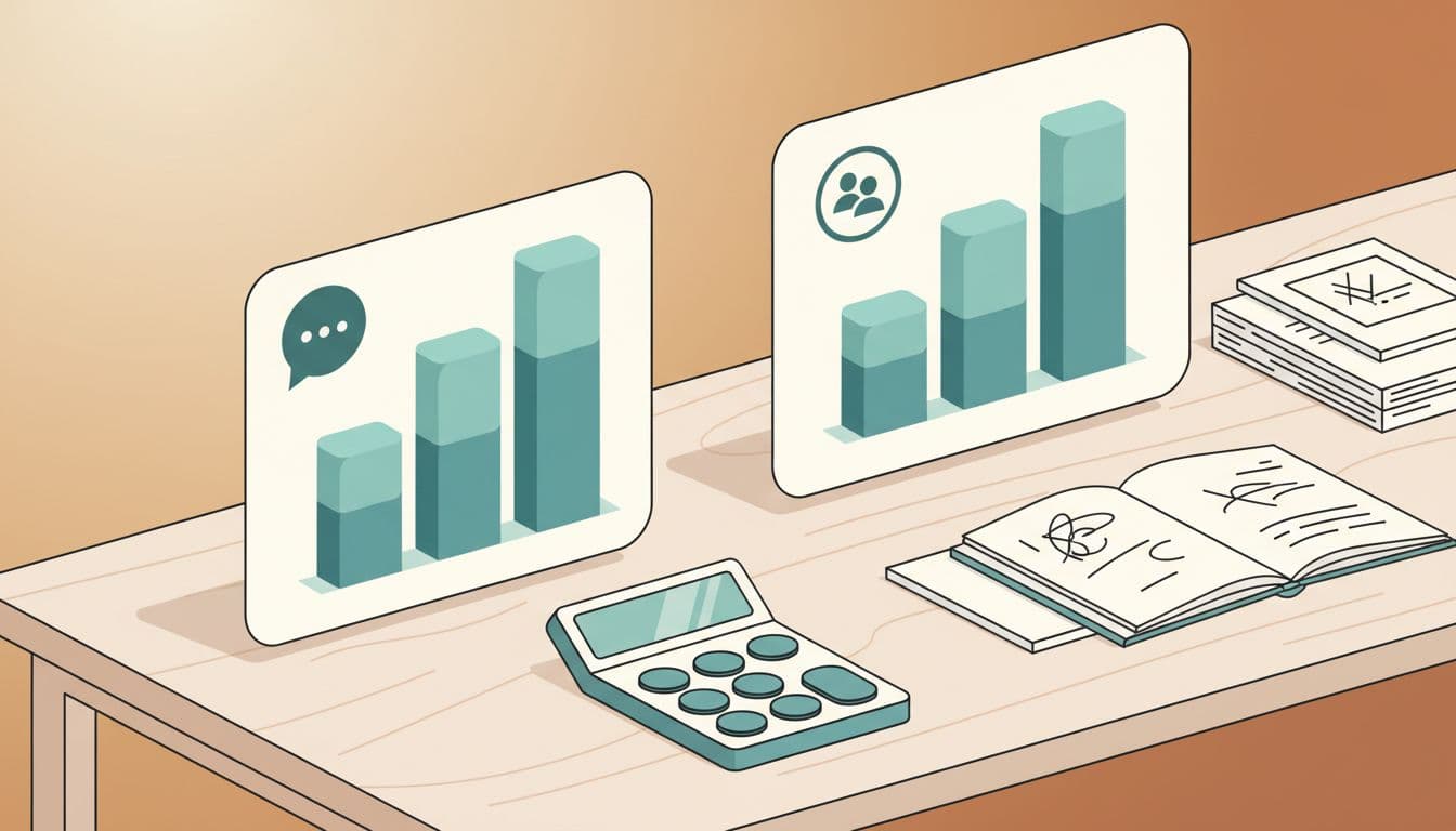 Clean modern illustration of pricing charts for software tools on a simple desk with calculator and notes, comparing two options via chat bubble and community icons, using controlled blue-green colors and consistent line weight.