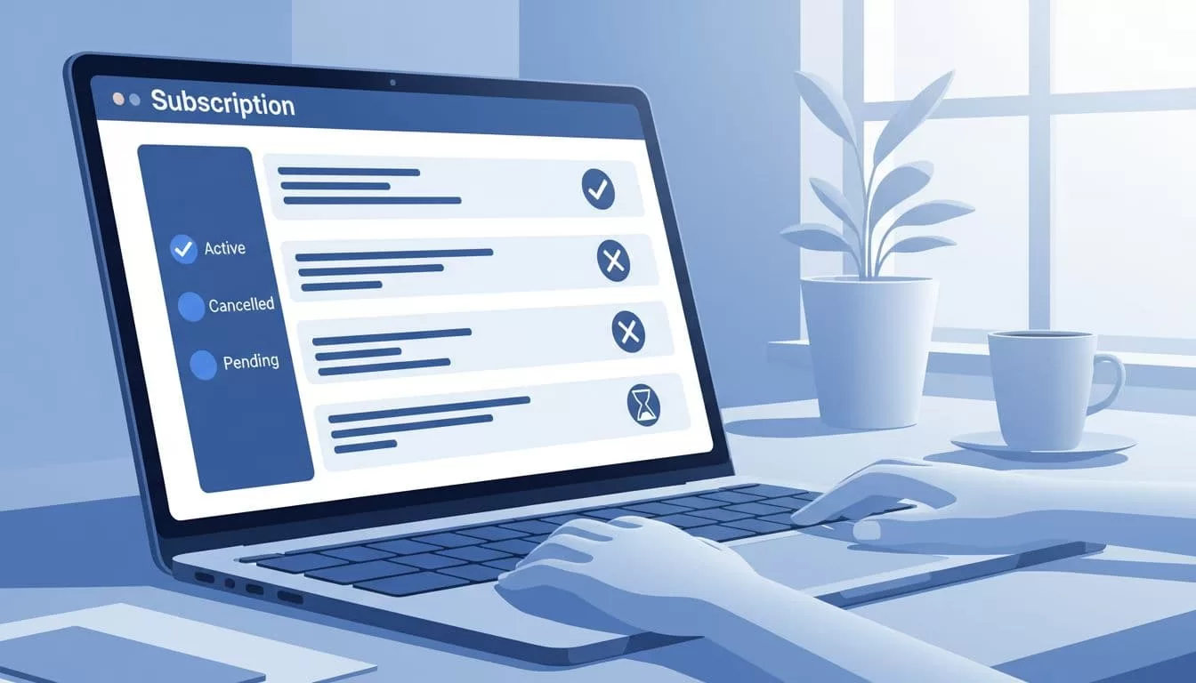 Modern illustration of a laptop screen in a workspace showing a simplified subscription list with student names and status icons, hands on keyboard, office desk background with natural lighting.