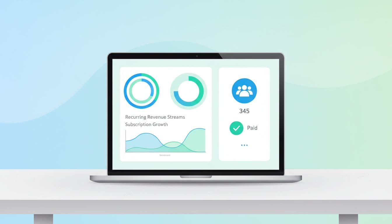 Modern illustration depicting a dashboard overview with charts of recurring revenue streams, graphs showing subscription growth, and simple community interface elements on a laptop.