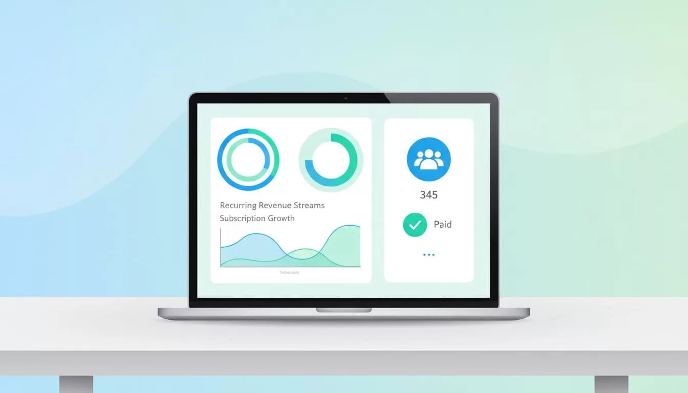 Modern illustration depicting a dashboard overview with charts of recurring revenue streams, graphs showing subscription growth, and simple community interface elements on a laptop.