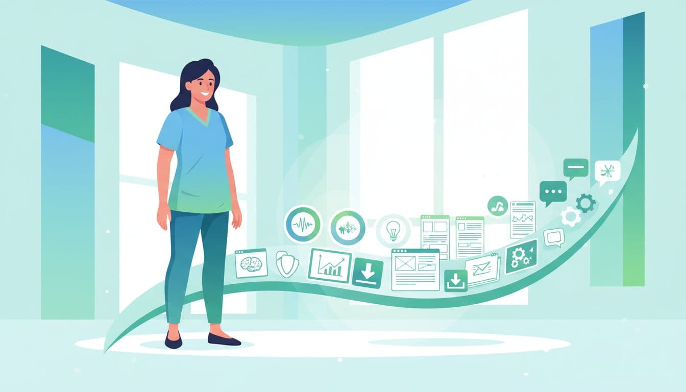 Modern illustration featuring a coach presenting various digital products like course icons, templates, downloads, and workshop graphics on a virtual shelf in a community space, using blues and greens with soft lighting.