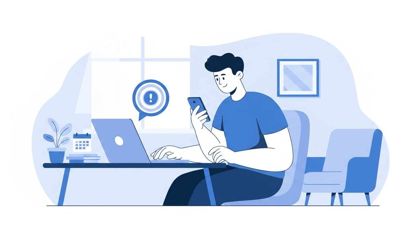 Modern illustration of a focused person in casual attire at a home office desk, handling billing or access problems on phone and laptop with an abstract alert notification bubble on screen, surrounded by simple calendar and notes.