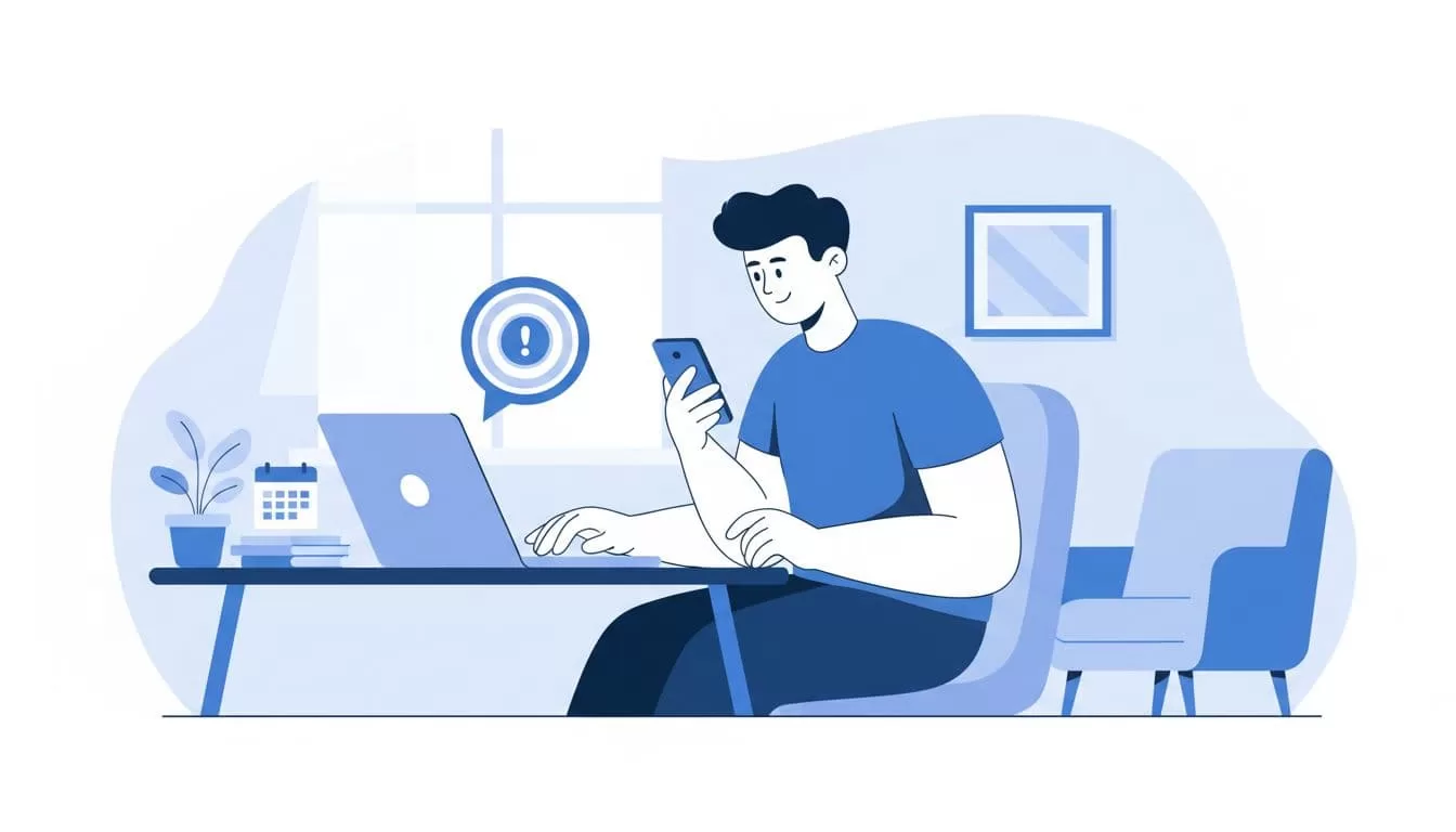Modern illustration of a focused person in casual attire at a home office desk, handling billing or access problems on phone and laptop with an abstract alert notification bubble on screen, surrounded by simple calendar and notes.