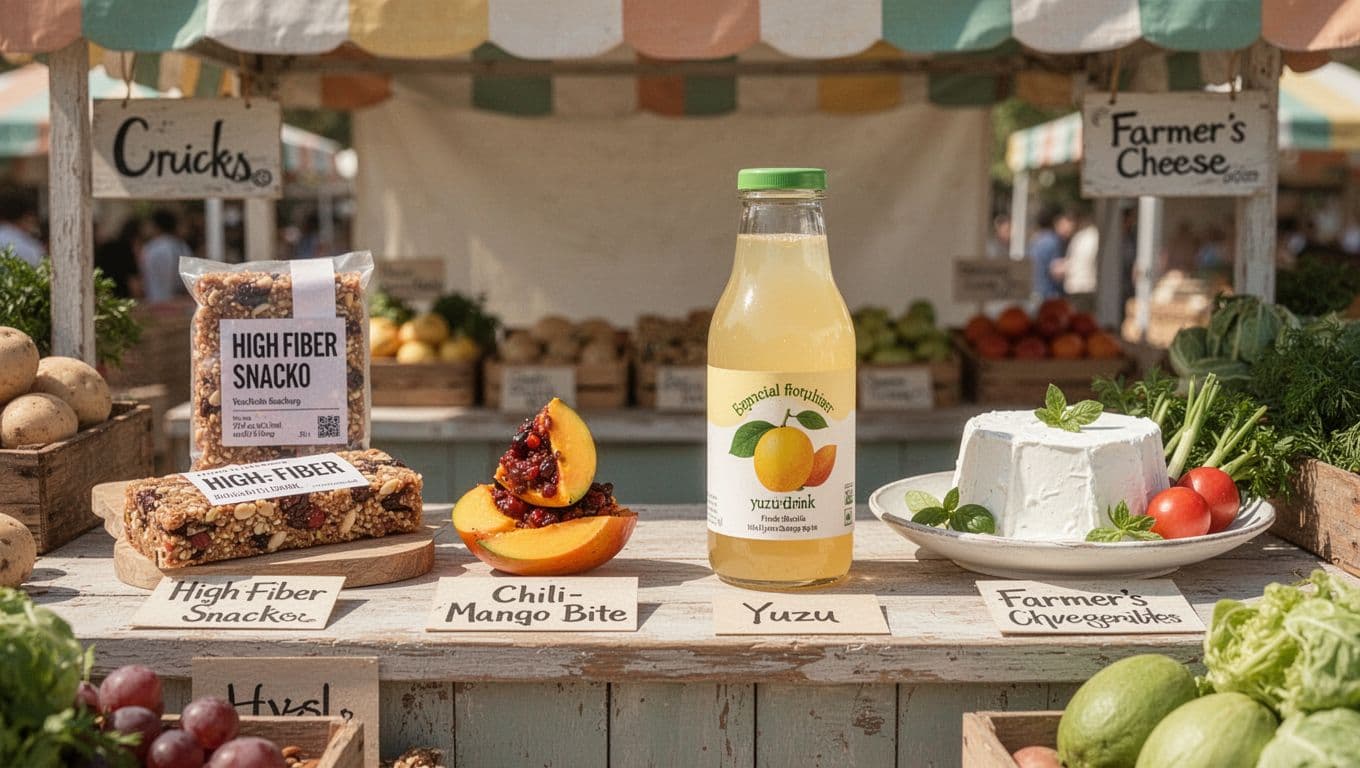 Modern illustration in clean shapes and pastel colors depicting four emerging 2026 food trends on a rustic market stall: high-fiber snack bar, swicy chili-mango bites, yuzu citrus drink bottle, and farmer's cheese with veggies, in a bright outdoor market setting.