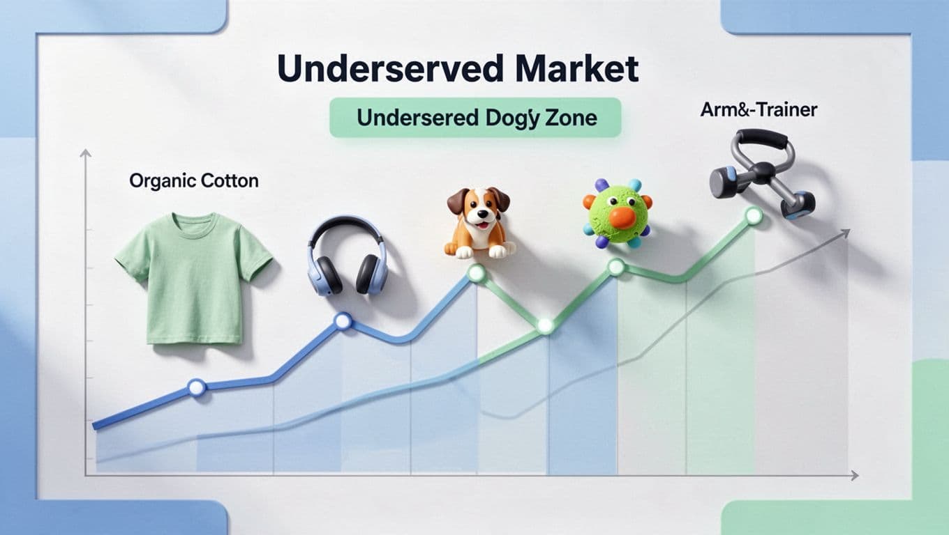 Abstract modern illustration of a trend map with icons for organic cotton t-shirts, AI translator headphones, interactive dog toys, and twister arm trainers rising on graphs toward underserved market zones, featuring clean white background with blue and green accents.