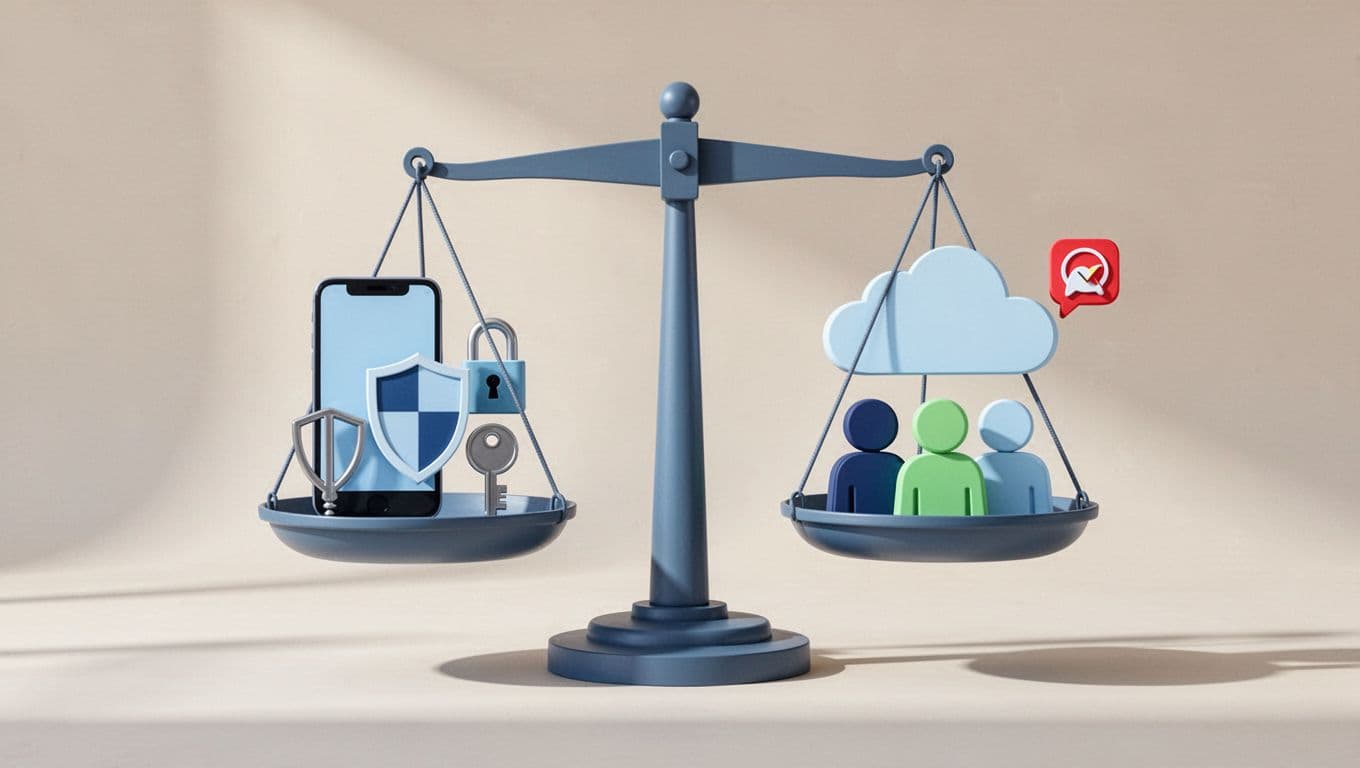 Modern flat illustration of balanced scales comparing two-factor authentication apps: one side features security icons like phone, shield, lock, and key; the other side shows cloud, team figures, and push notification, in a clean blue-green palette on neutral background.