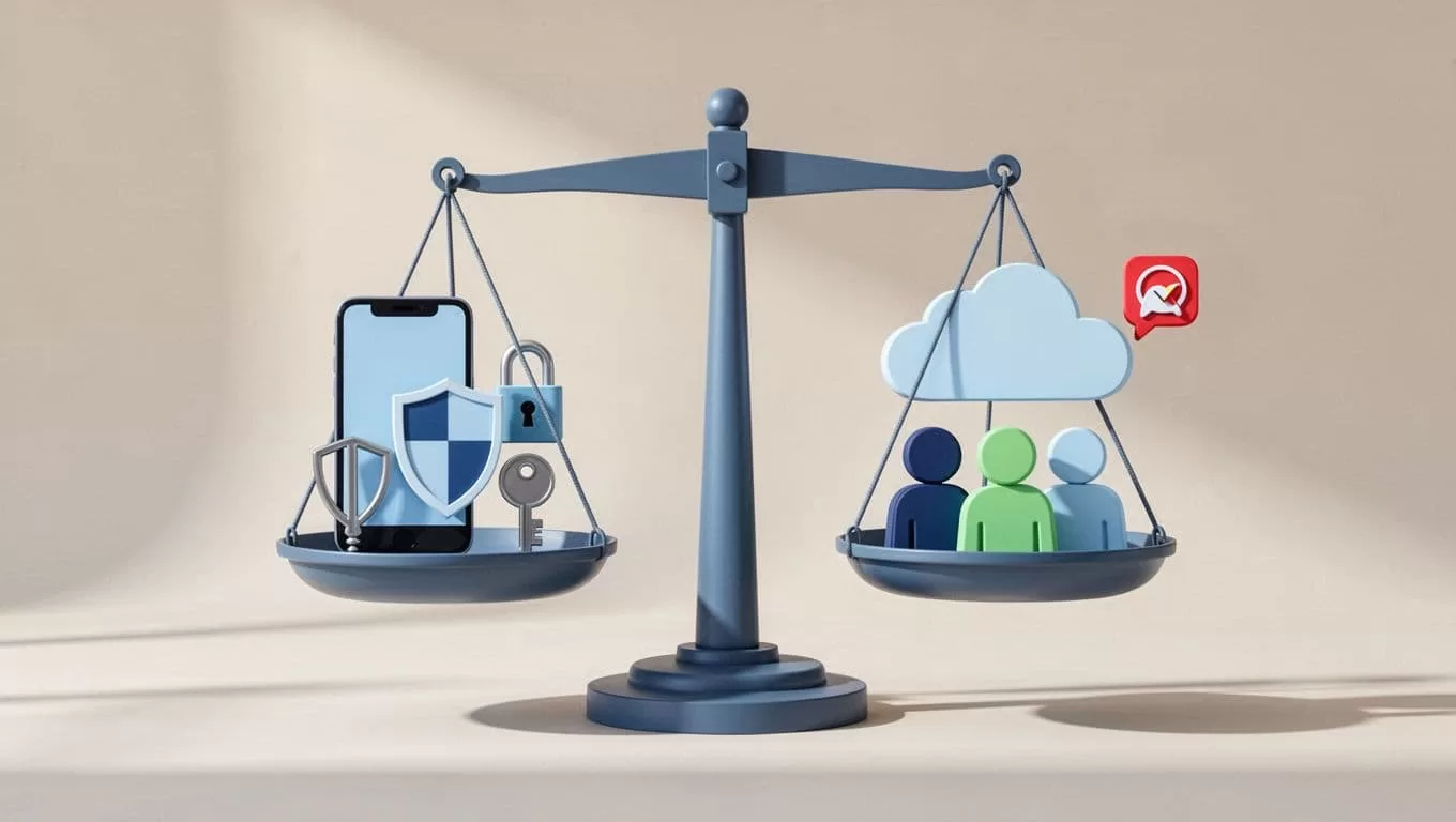 Modern flat illustration of balanced scales comparing two-factor authentication apps: one side features security icons like phone, shield, lock, and key; the other side shows cloud, team figures, and push notification, in a clean blue-green palette on neutral background.
