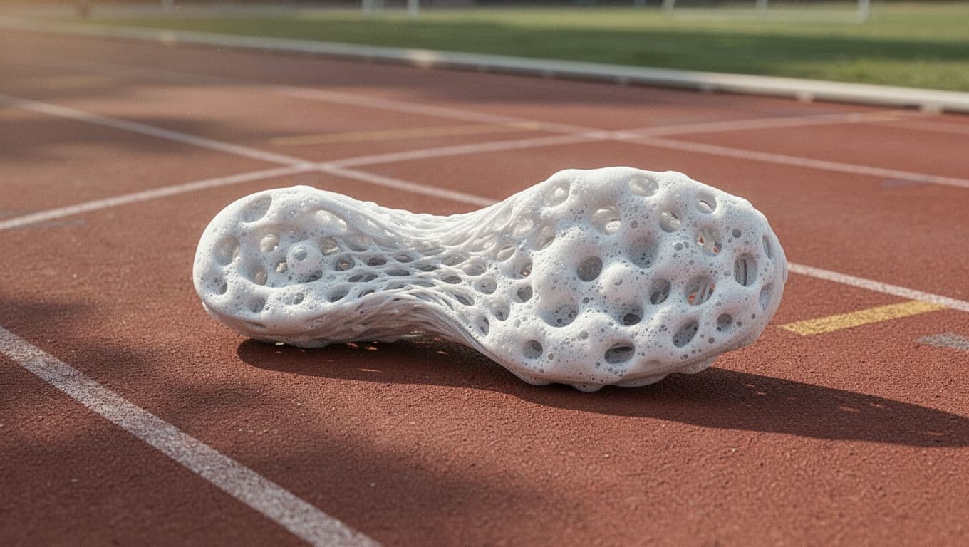 A 3D printed flexible shoe sole made from PEBA Air foaming filament, featuring bouncy foam-like texture, lightweight structure with visible air pockets, placed on a running track surface in a modern illustration style.