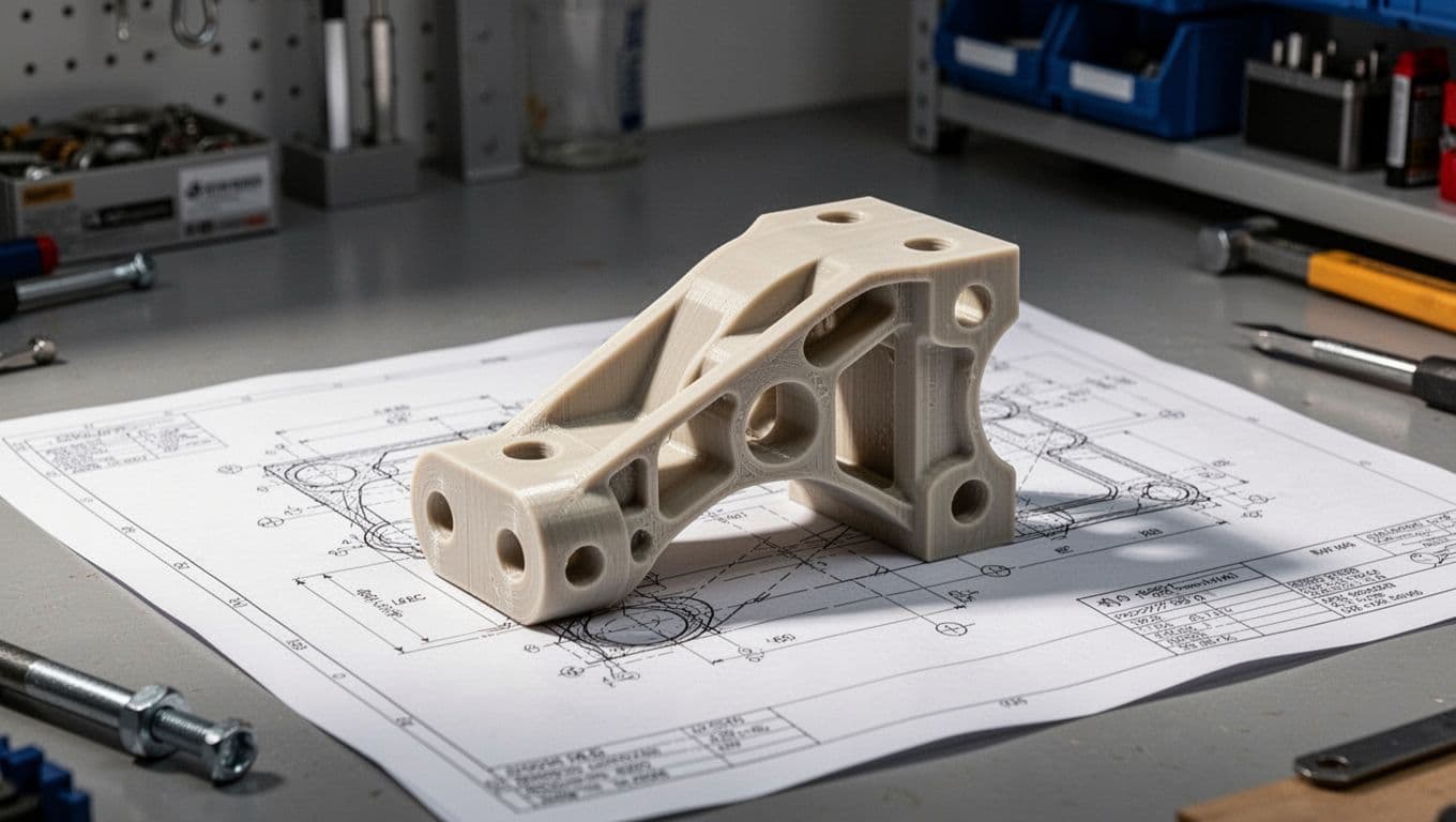 A detailed 3D printed aerospace bracket made from high-heat resistant PEEK material with smooth finish and strong mechanical structure, placed on engineering blueprint paper in a workshop setting.