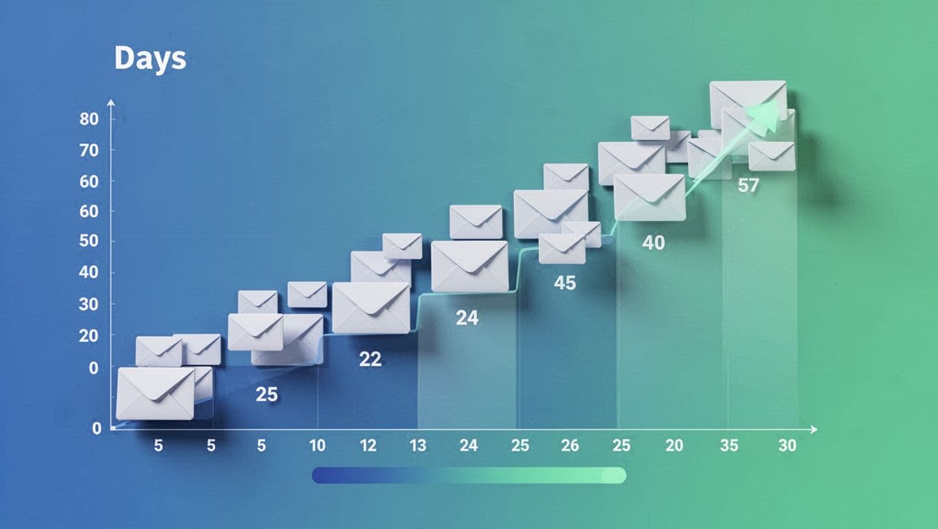 Modern illustration of a step-by-step email warmup schedule chart displaying daily sending volumes gradually increasing from 5 to 50 emails over 30 days, with envelope icons and progress bar in blues and greens.
