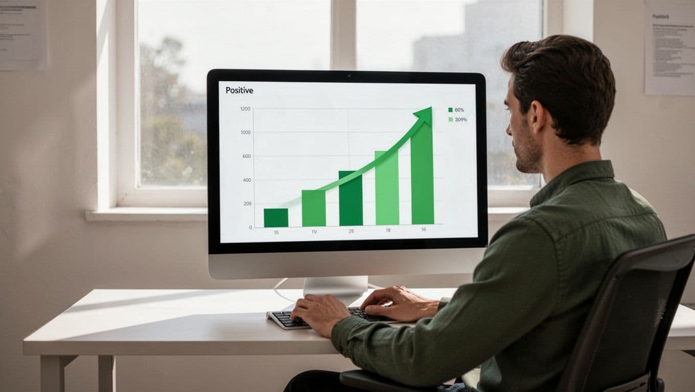 Modern illustration of a marketer at a desk reviewing an analytics chart on a computer screen displaying positive A/B test results with a conversion uplift graph in greens for success, simple room, natural relaxed pose.