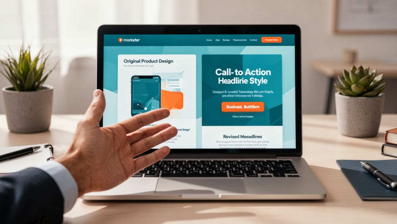 Split screen on laptop showing original and modified website product page variants for A/B testing, marketer's hand gesturing at screen, modern illustration in teal blues, oranges, and neutrals.