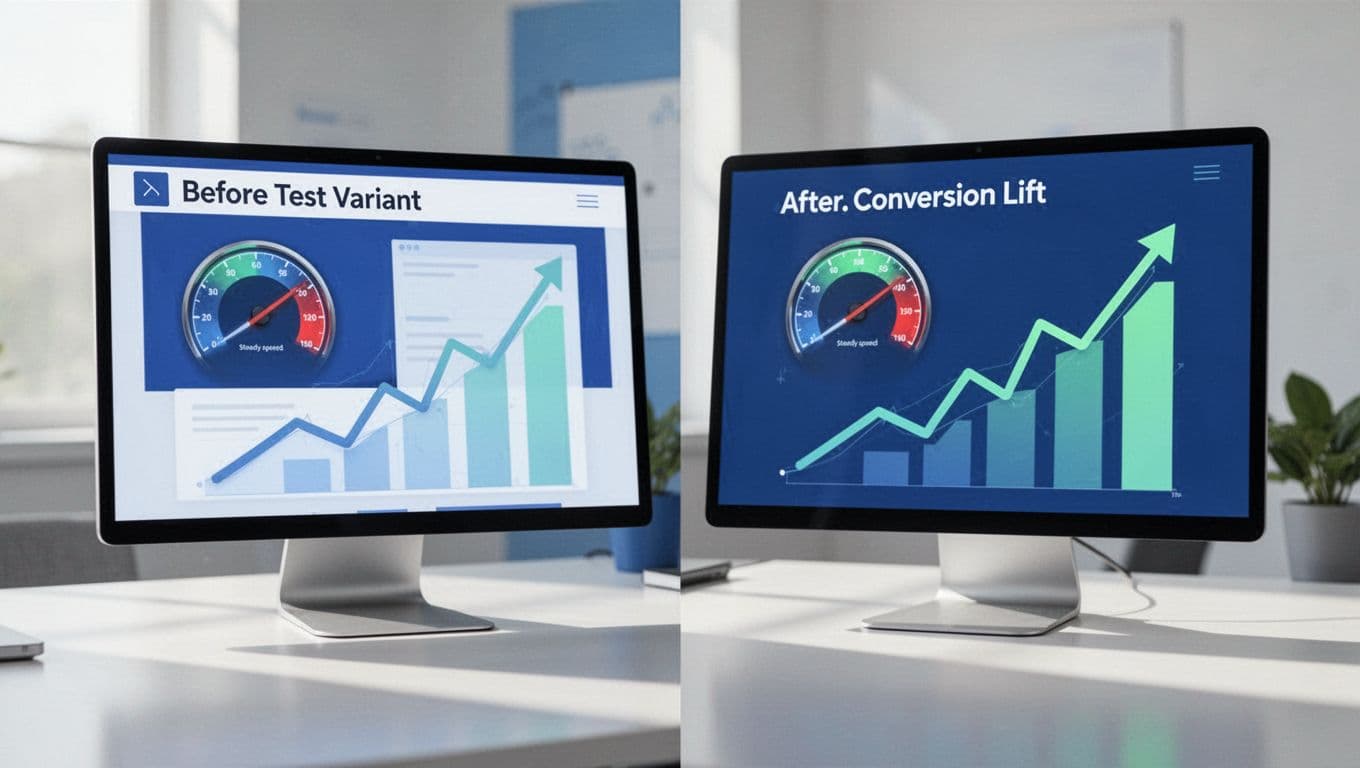 Split screen illustration showing website before and after A/B test variant, speedometer icons indicating no speed drop, abstract conversion lift graphs, blue-green digital workspace.