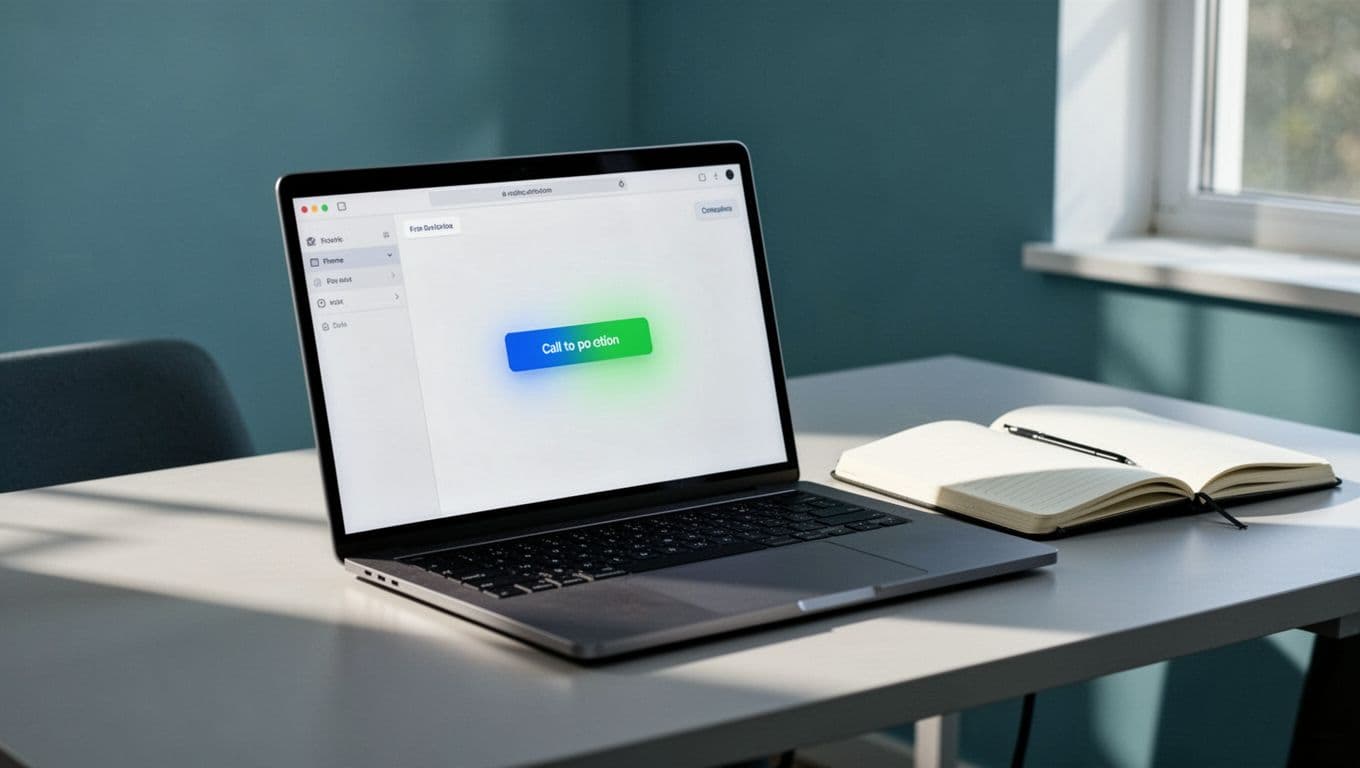 Modern illustration of a laptop screen displaying a no-code visual editor for A/B testing a landing page, editing the CTA button color from blue to green, with an open notebook on the desk under natural daylight.