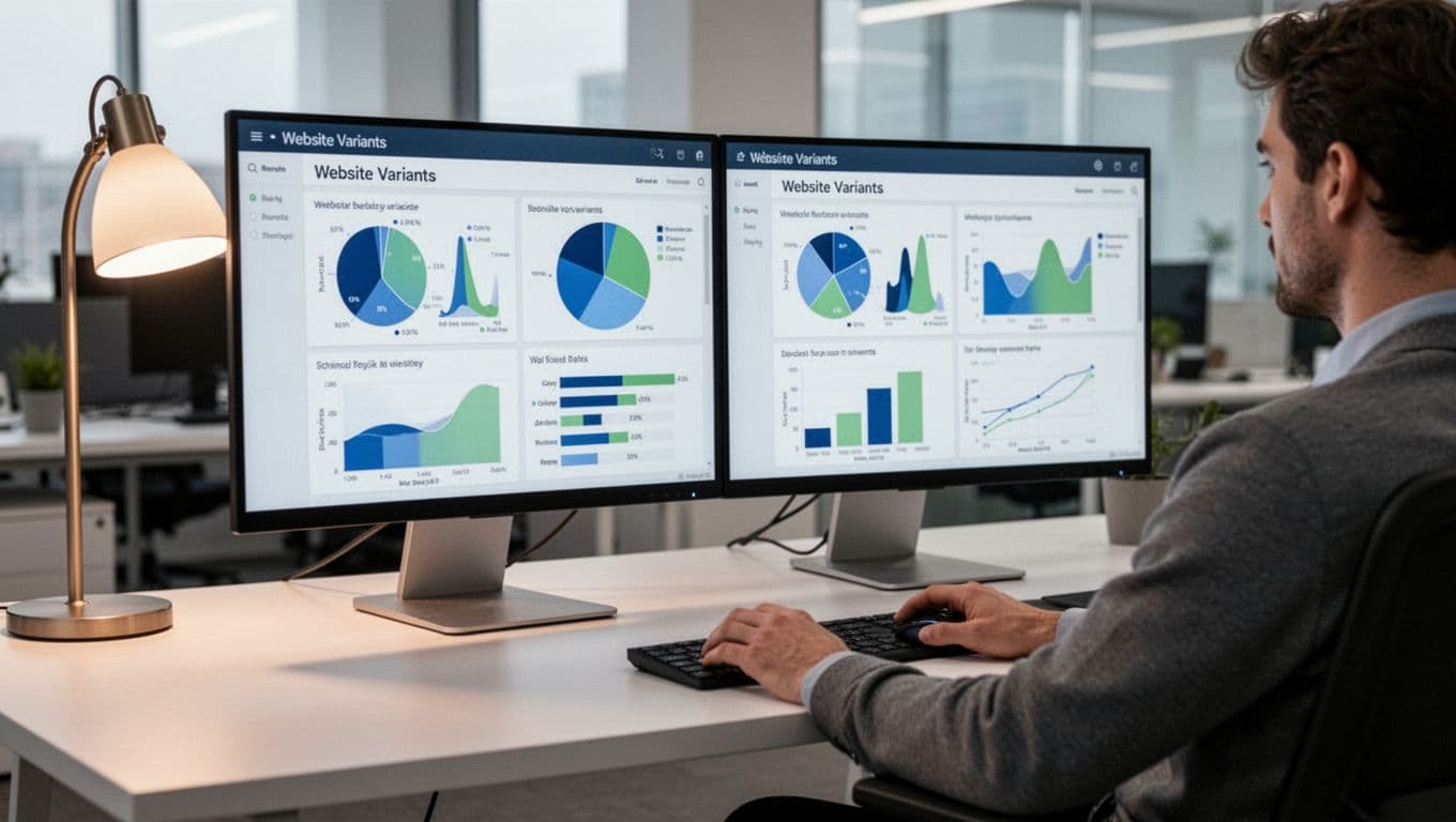 Modern illustration of A/B testing interface with two website variants and conversion lift graphs, data analyst on dual monitors in a contemporary workspace.