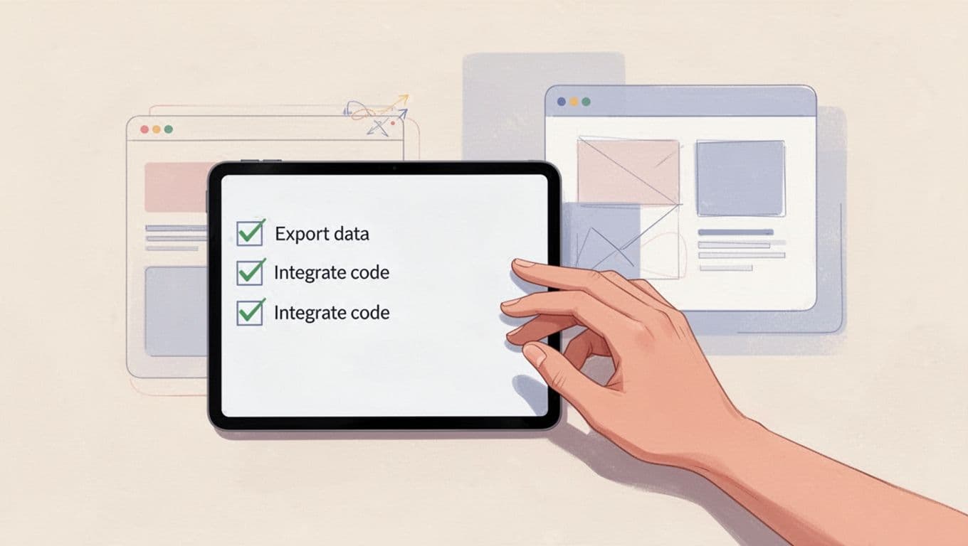 Modern illustration of a simple digital checklist for A/B testing migration on a tablet screen with checkmarks on steps like export data and integrate code, beside website wireframes, one relaxed hand nearby, neutral background and soft lighting.