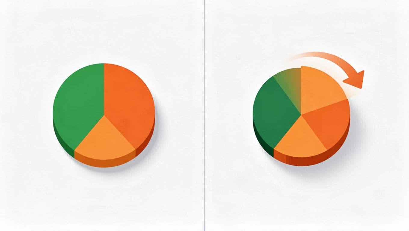 Split-screen illustration contrasting fixed 50/50 A/B testing traffic split on the left with dynamic multi-armed bandit allocation favoring winners on the right, using clean pie charts, bars, and arrows in green and orange.