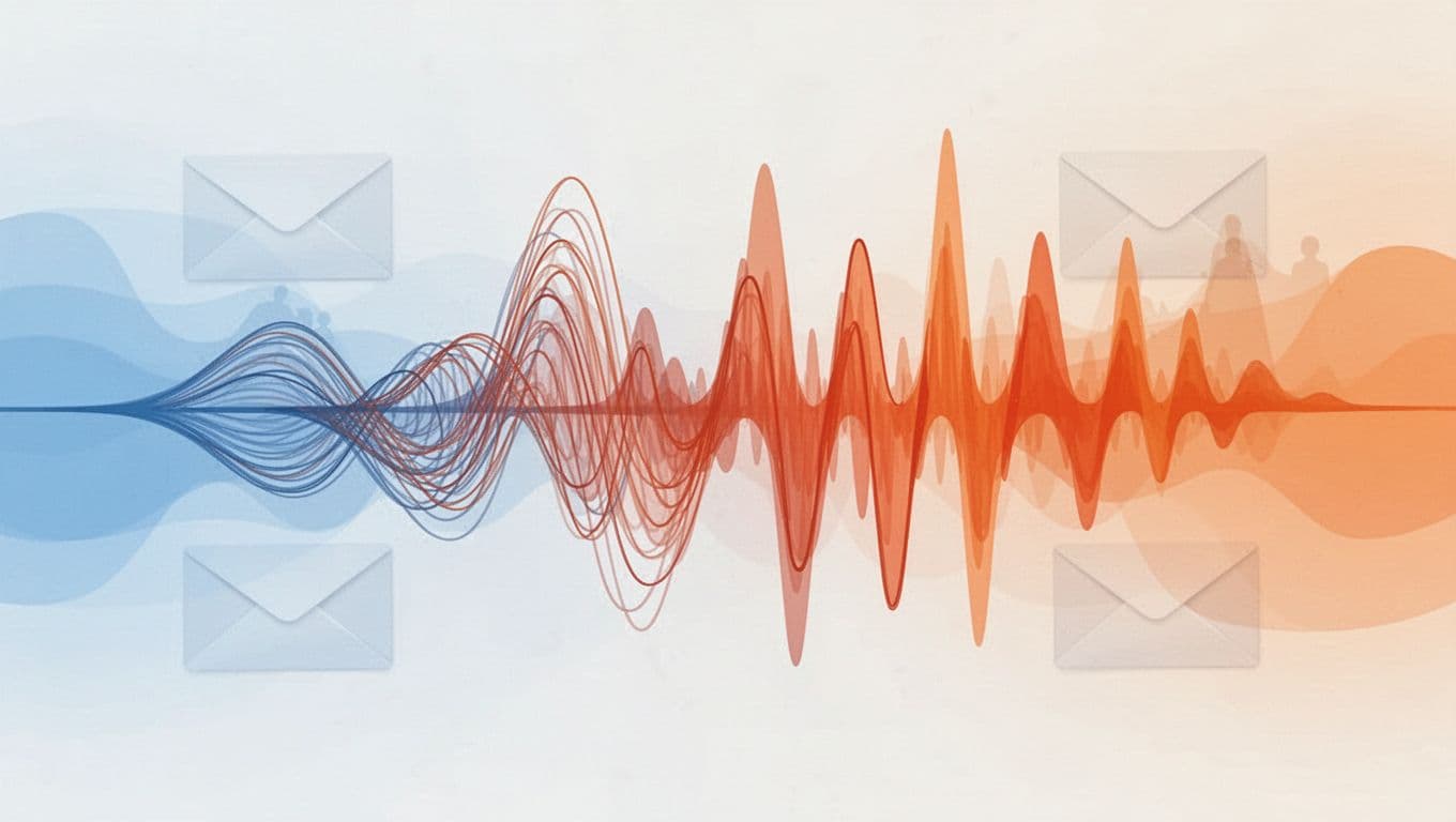 Sound waves transform from slow gentle curves to rapid sharp peaks, symbolizing increasing audio playback speed for emails, with subtle email envelope icons in the background. Modern illustration in gradient blues to oranges, horizontal composition building speed left to right.