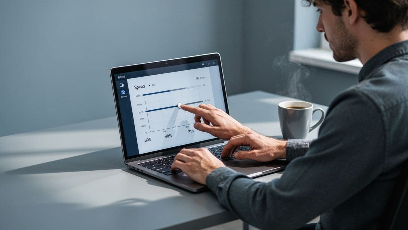 Modern illustration showing a focused person at a desk adjusting a TTS speed slider on a laptop screen from 1x to 1.5x using a mouse, in a simple office setting with a coffee mug and natural lighting.