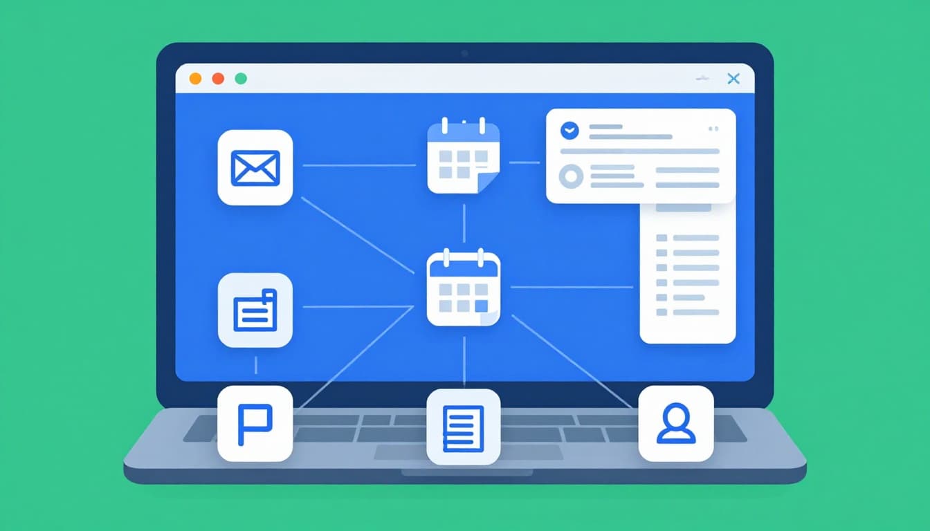 Modern top-down illustration of an office desk featuring a laptop displaying a simple automation workflow diagram connecting email, calendar, and task icons with clean lines in blues and greens.
