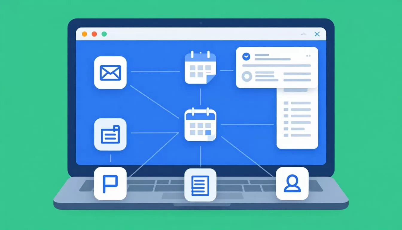 Modern top-down illustration of an office desk featuring a laptop displaying a simple automation workflow diagram connecting email, calendar, and task icons with clean lines in blues and greens.