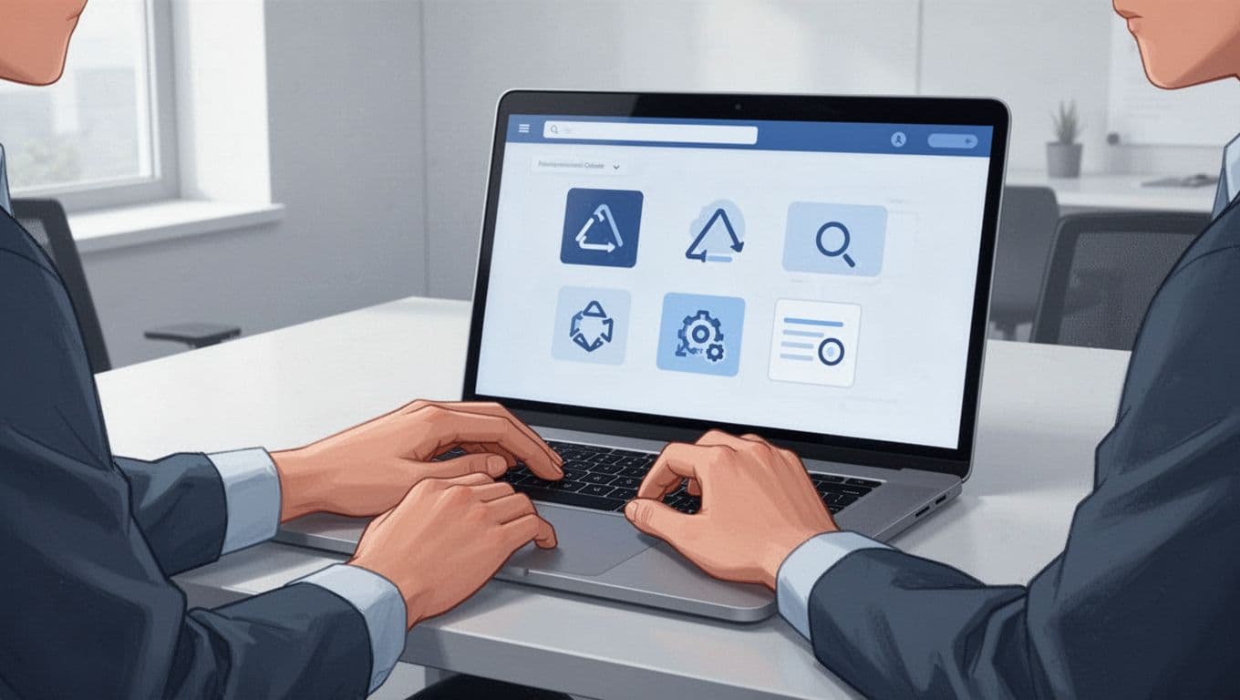 Modern illustration of a workspace admin at a desk typing on a laptop to configure retention policies in Google Vault, with screen showing abstract icons for Gmail, Drive, and Chat in clean blue and gray tones.